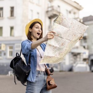 stylish woman surprised local sightseeing spots