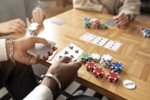 friends having fun while playing poker